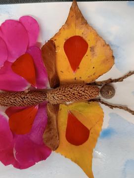 collages d'éléments végétaux pour créer un papillon coloré
