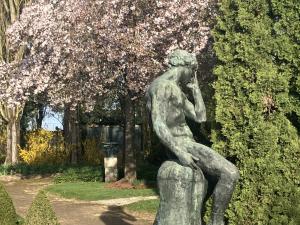 statue d'Adam sur fond de cerisiers en fleur