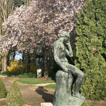 statue d'Adam sur fond de cerisiers en fleur